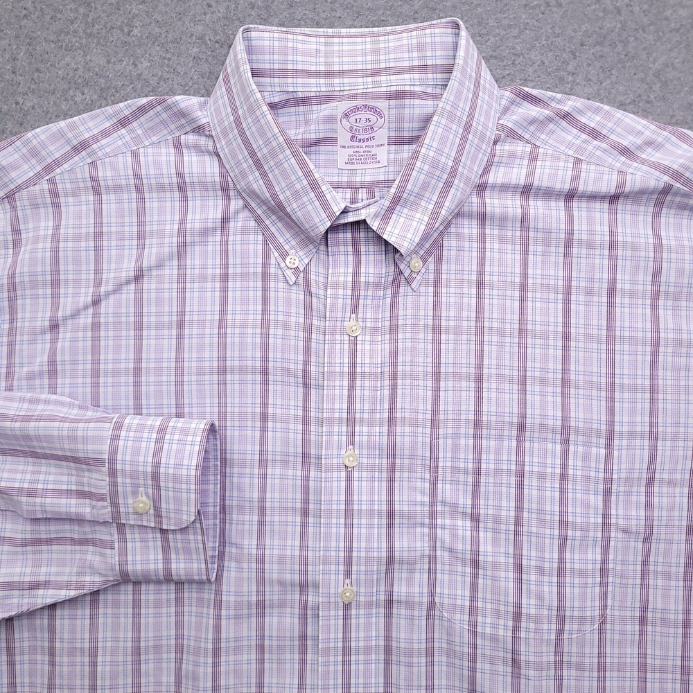 Brooks Brothers Dress Shirt Mens 17 35 Classic Fit Non Iron Supima Plaid